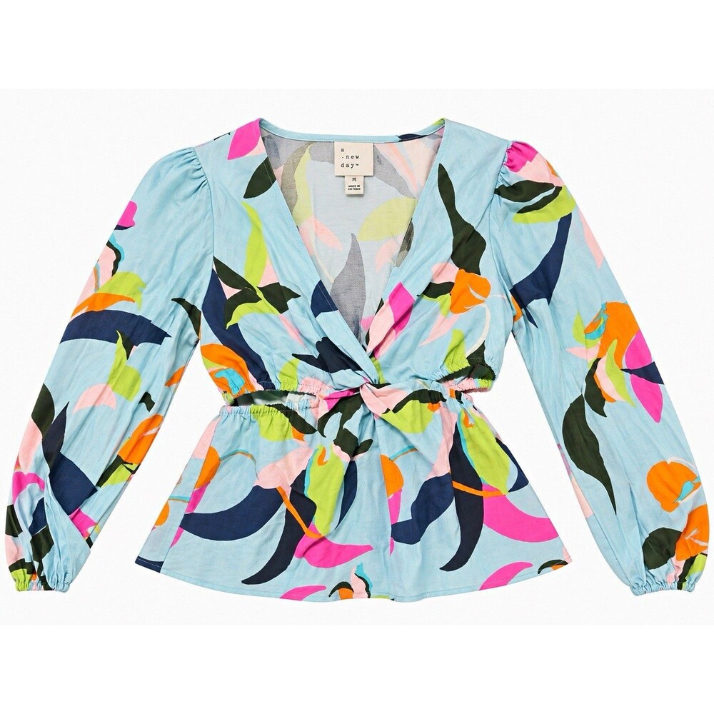 A New Day Women's M V-Neck Abstract Blue Multicolor Tie Waist Puff Blouse